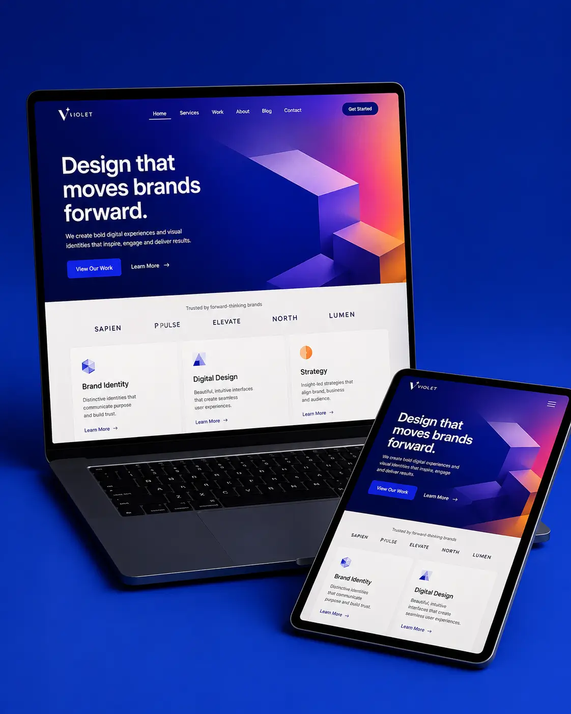 Quibyx web design service — responsive website mockups on laptop and tablet