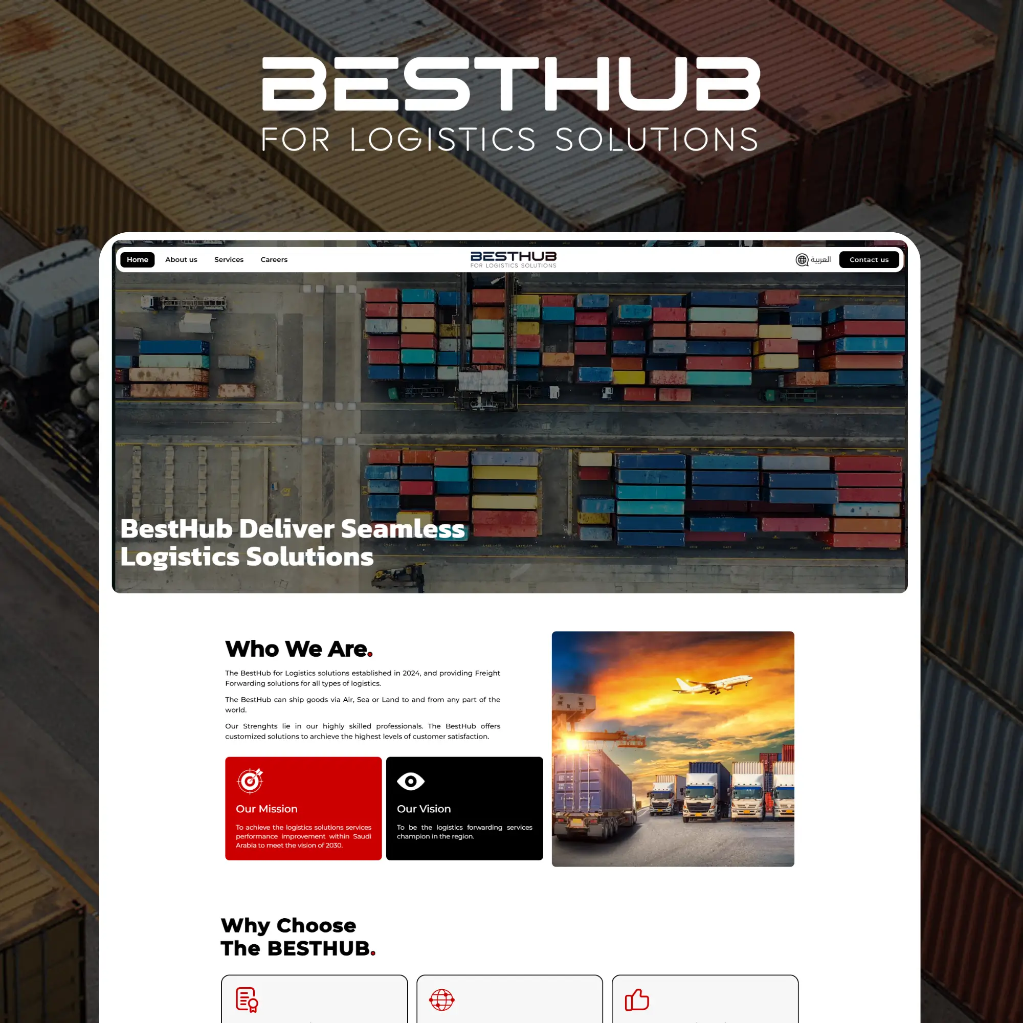 BestHub logistics solutions website homepage designed by Quibyx